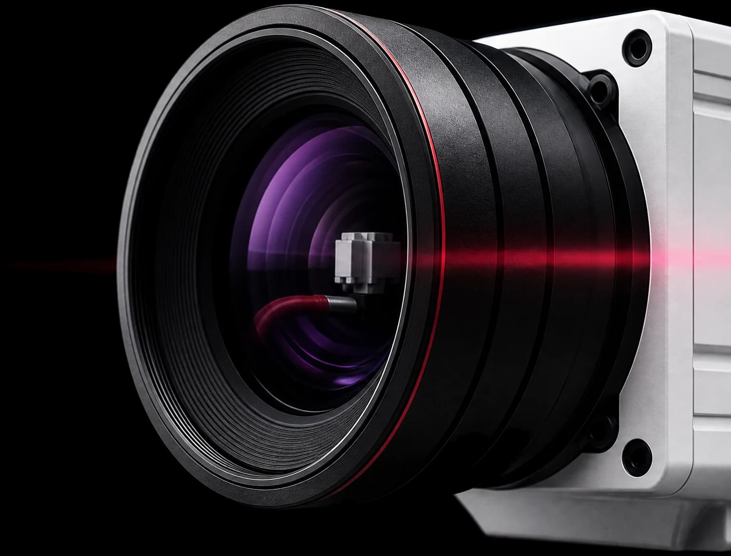 Machine vision camera macro lens with laser inspection beam